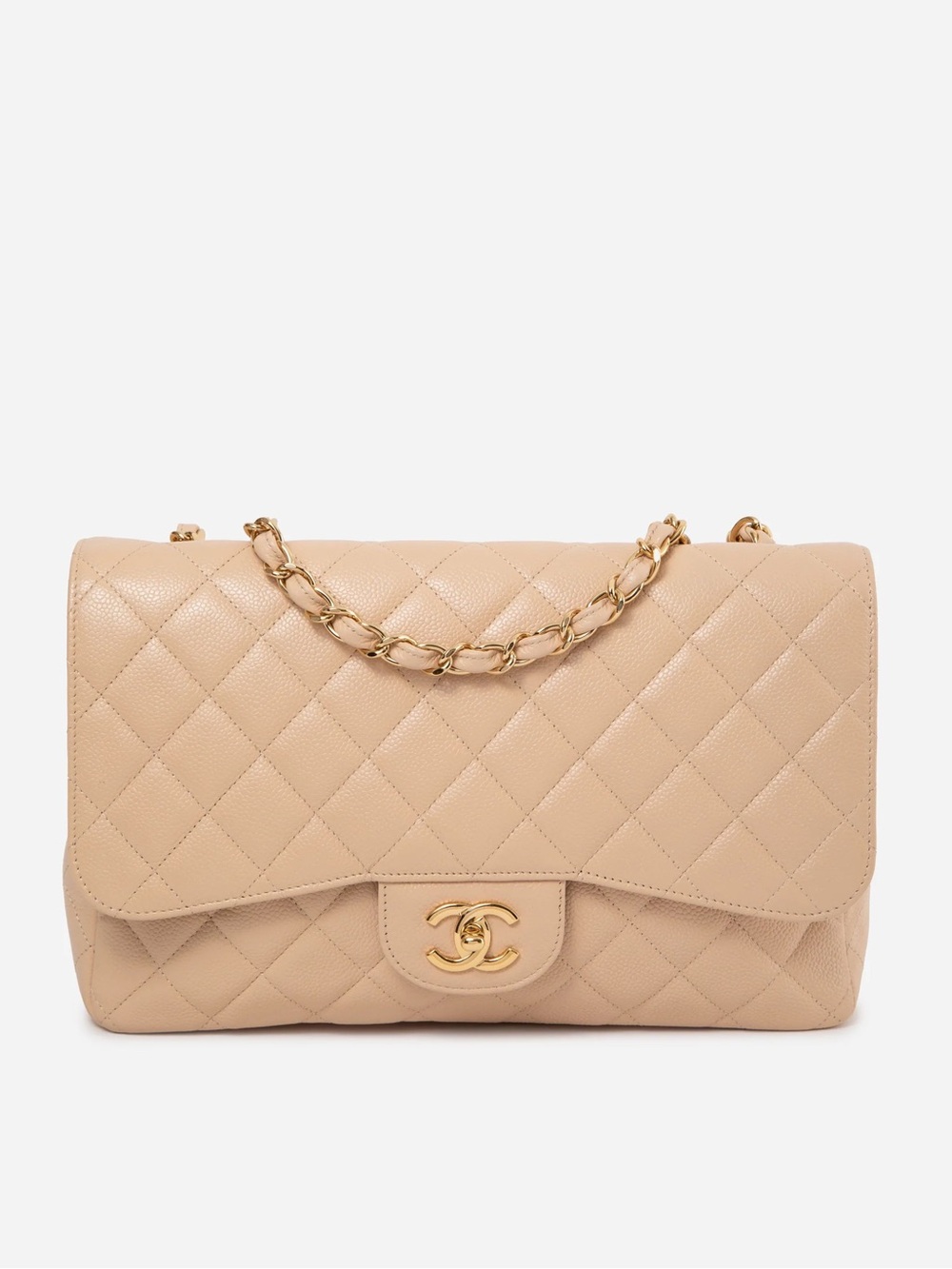 Pre-Owned Chanel 2010 Beige Caviar Leather Jumbo Single Flap Bag